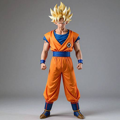 Photograph of anime-style Super Saiyan Son Goku with spiky blonde hair, orange gi, blue trim, brown boots, and determined stance.