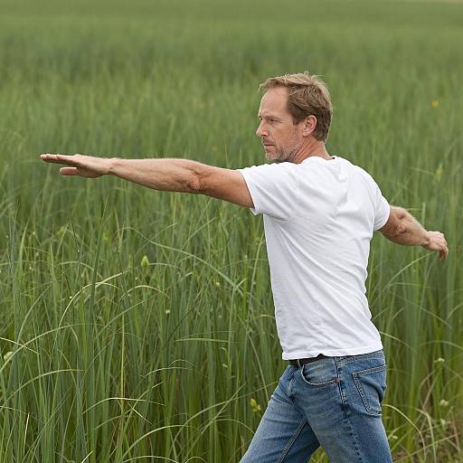 Man Stretching Arms in Tall Green Grass