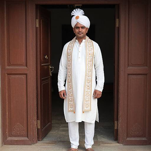 Photograph of a South Asian man in traditional white kurta, white pagri, and gold-trimmed scarf, standing in a wooden doorway.