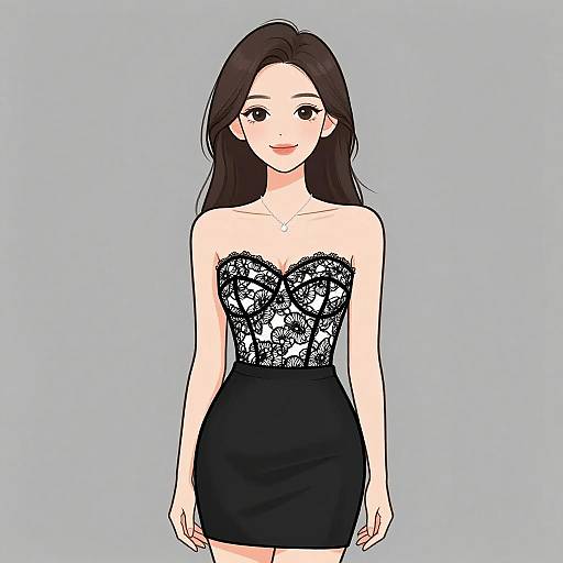 Digital anime-style drawing of a smiling young woman with long black hair, wearing a black lace strapless top and black skirt.