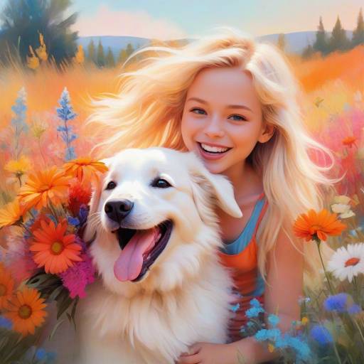 Joyful Girl and Fluffy Dog in Wildflowers