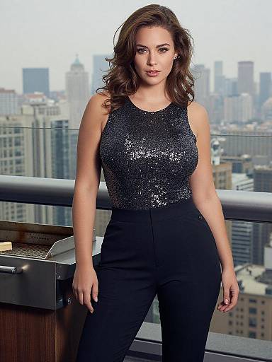 Photograph of a confident brunette woman with wavy hair, wearing a black sequin sleeveless top and high-waisted black pants, standing on