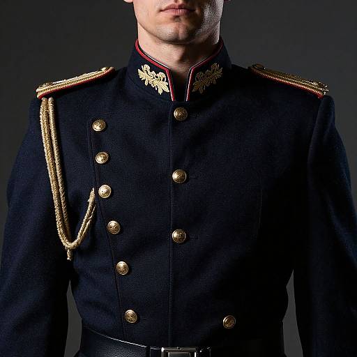 Photograph of a man in a black military uniform with gold buttons, epaulettes, and ornate shoulder insignia, against a dark gray