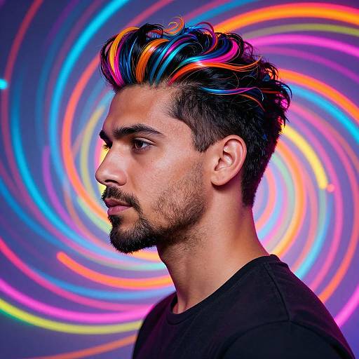 Photograph of a bearded man with vibrant, multicolored, spiked hair against a swirling neon light background, wearing a black shirt.