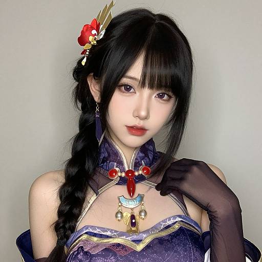 Digital portrait of an East Asian woman with black hair in a braid, wearing a blue, starry dress, black gloves, and red jewel necklace