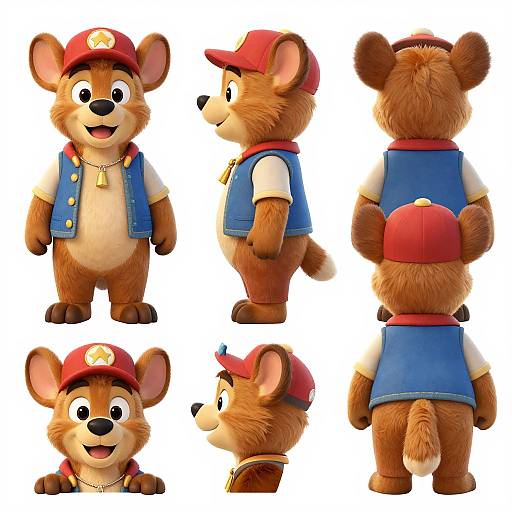 Digital CGI image of a cute, anthropomorphic brown bear in various poses, wearing a red cap, blue vest, white shirt, and gold necklace,