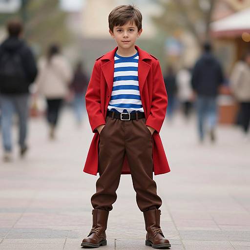 Photograph of a young boy with short brown hair, wearing a red coat, blue and white striped shirt, brown pants, and boots, standing confidently