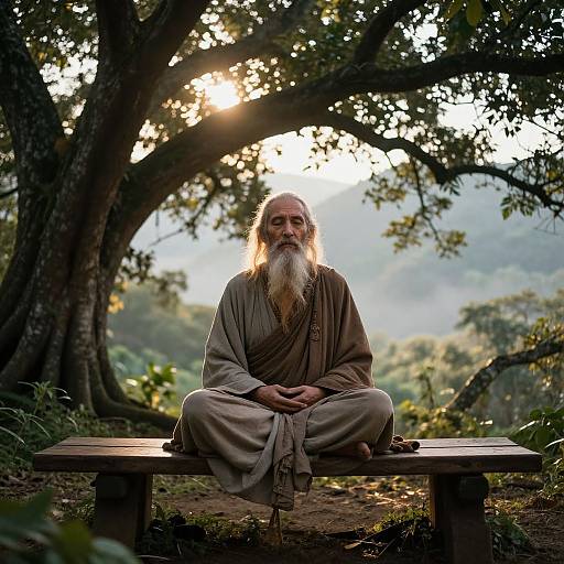 Photograph of an elderly man with a long white beard, wearing a brown robe, sitting cross-legged on a wooden bench in a sunlit forest.