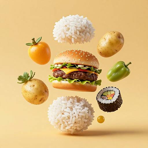 Photorealistic CGI of a sesame seed hamburger surrounded by floating rice, tomato, potato, green pepper, and sushi roll on a yellow background.