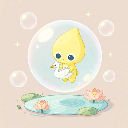 Whimsical Alien Floating in Bubble Over Lily Pond