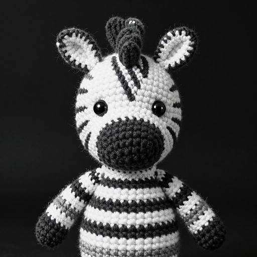 Black-and-white crocheted zebra stuffed toy with black stripes, round black eyes, and textured ears and mane, set against a dark background.