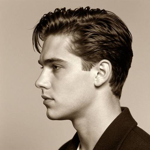 Black-and-white portrait of a young man with styled dark hair, sharp features, and serious expression, wearing a dark coat.