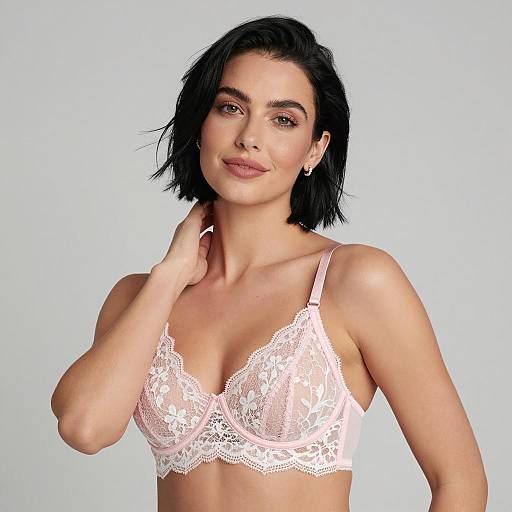 Woman in Pink Lace Bra with Relaxed Expression