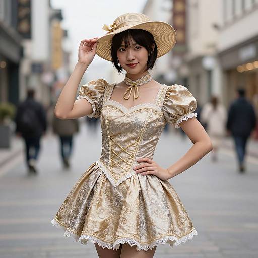 Asian woman in a gold, Victorian-style dress with puffed sleeves and lace trim, wearing a straw hat, standing on a busy urban street. Bl