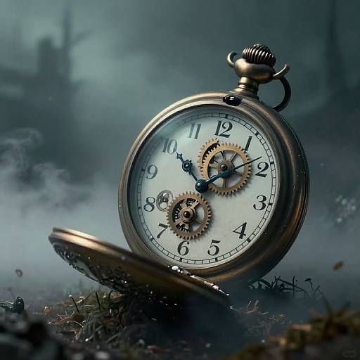 Photograph of a vintage, open, brass pocket watch with exposed gears, black numerals, and hands, set on misty, grassy ground