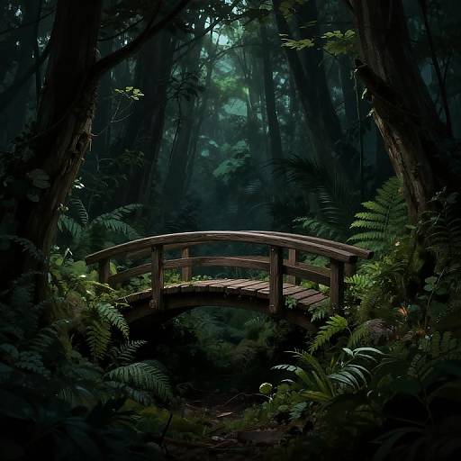 Photograph of a dimly lit, moss-covered wooden bridge in a dense, dark forest with tall trees and lush green ferns.
