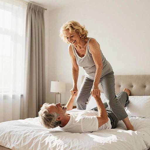 Playful Couple in Bright Modern Bedroom