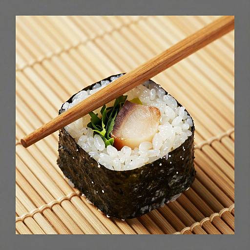 Close-Up Sushi Roll on Bamboo Mat