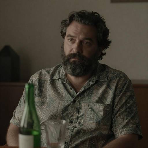 Middle-aged man with beard sitting in dimly lit room