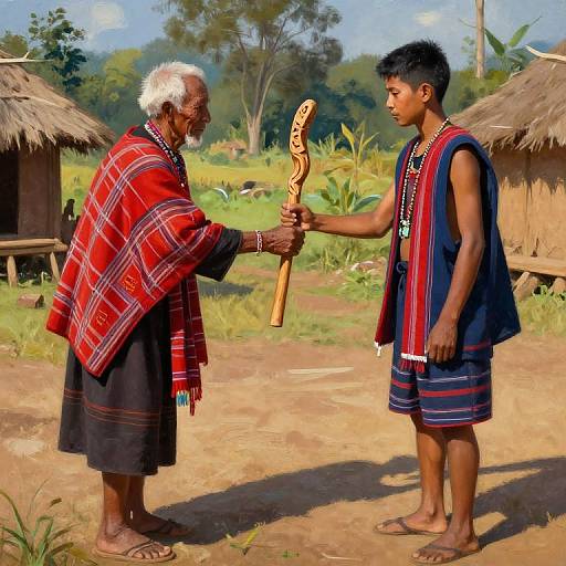 Photograph of elderly African man with white hair, red plaid shawl, handing wooden staff to young boy in blue and red striped garments, rural