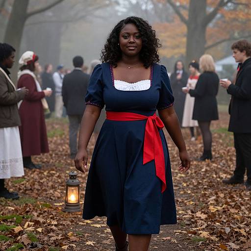 Photograph of a Black woman with curly hair, wearing a navy dress with red sash, standing in a leaf-covered autumn forest, surrounded by people