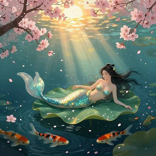 Digital artwork of a mermaid with a shimmering blue-green tail, resting on a green leaf, surrounded by koi fish, under cherry blossom branches