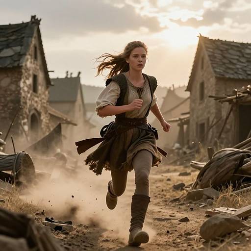A determined young woman with brown hair and medieval attire runs through a dusty, ruined village at sunset, surrounded by rubble and old stone buildings. (Phot