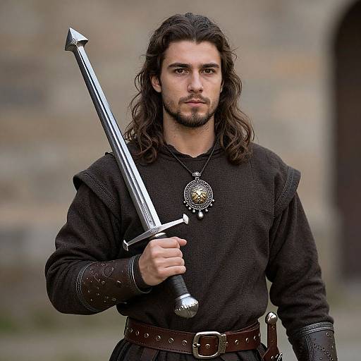 Photograph of a muscular, long-haired man with dark beard, wearing a black medieval tunic, holding a silver sword, adorned with a circular pendant