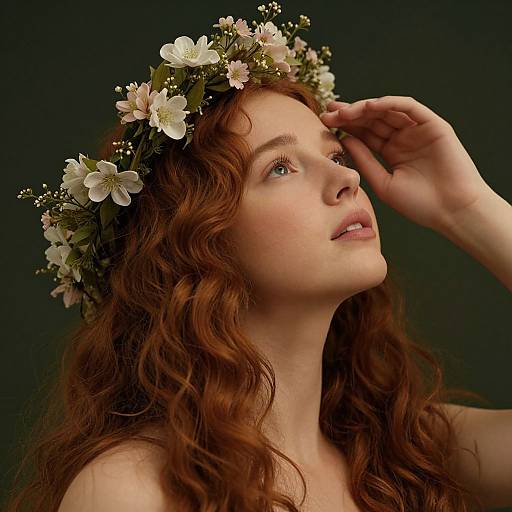 Photograph of a fair-skinned, red-haired woman with wavy hair, wearing a white flower crown, gazing upward, against a dark background