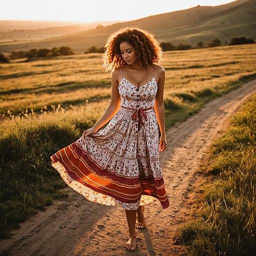 Woman in Bohemian Sundress at Sunset
