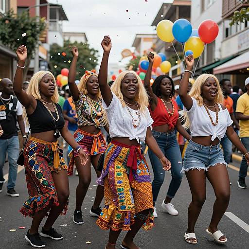 Photograph of joyful Black women dancing on a street parade, holding colorful balloons, wearing patterned skirts and white crop tops.
