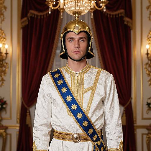 Photograph of a young man in a golden helmet and white ornate robe with blue sash, standing in an opulent room with dark red curtains