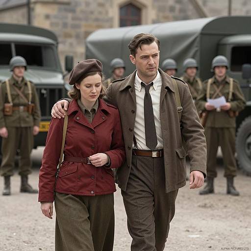 Wartime Scene with Soldiers and Civilians