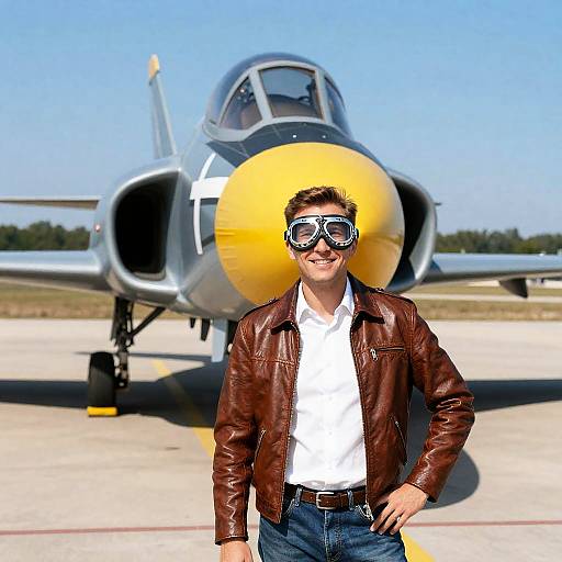 Smiling Man Beside Military Jet