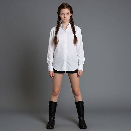 Photograph of a young woman with long brown braided hair, wearing a white button-up shirt, black shorts, and black knee-high boots, standing