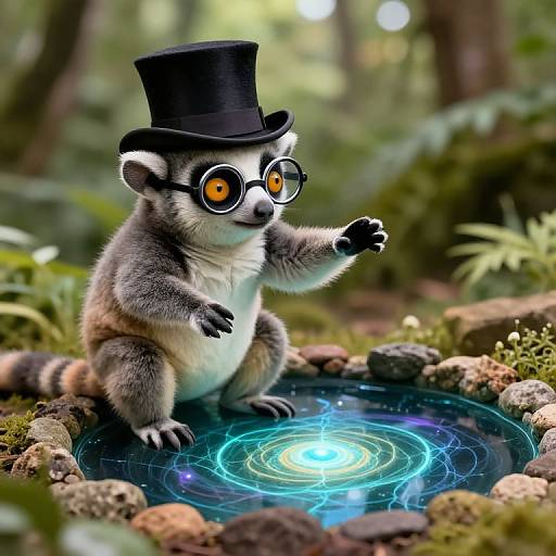 Digital art of a lemur wearing a top hat and round glasses, standing by a glowing, circular blue energy pool in a lush forest.