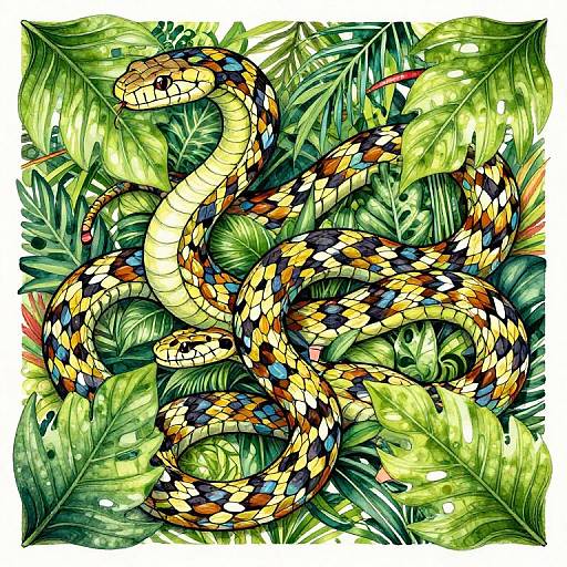 Vibrant digital illustration of a colorful, patterned snake coiled among lush, detailed green tropical leaves, with bright yellow, blue, and black