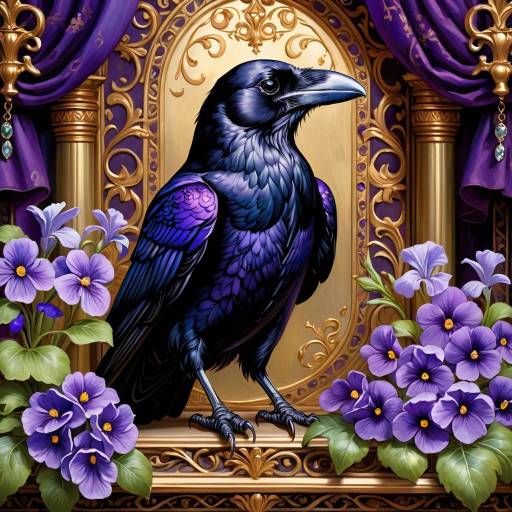 Majestic Raven Among Blooming Violets