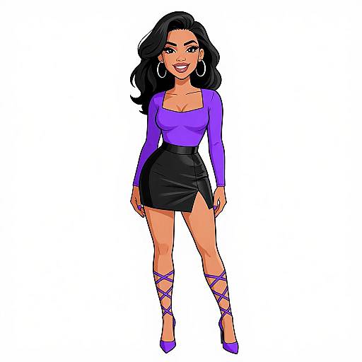 Digital illustration of a smiling, dark-haired woman in a purple long-sleeve top, black mini skirt, and purple heels with crisscross straps