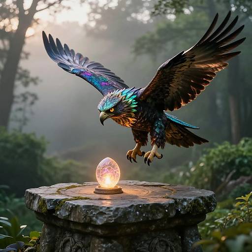 Digital artwork of a vibrant, iridescent eagle mid-flight above a glowing, translucent egg on a mossy stone pedestal, set in a misty