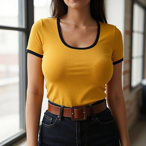 Photograph of a woman with long dark hair, wearing a yellow t-shirt with black trim, high-waisted dark jeans, and a brown belt