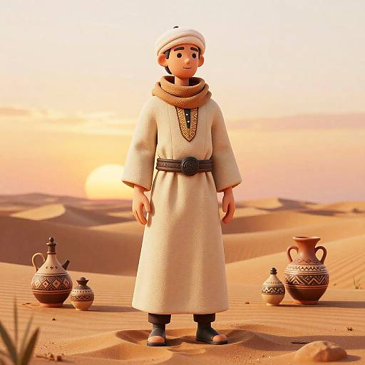 Digital illustration of a cartoon boy in traditional desert attire, white robe, headscarf, black belt, standing in sunlit desert with patterned pottery