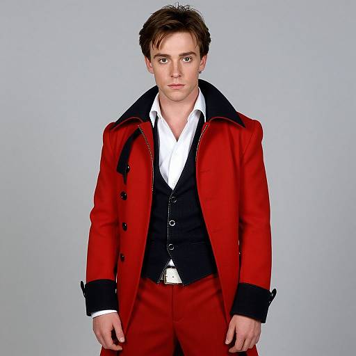 Photograph of a young man with short brown hair, wearing a red coat with black collar, black vest, white shirt, and red pants, against