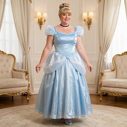 Photograph of a smiling woman in a light blue, satin, princess-style dress with puffed sleeves, standing in an elegant, cream-colored room with