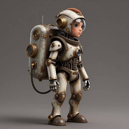 Digital 3D rendering of a small, child-like astronaut with a detailed, steampunk-style spacesuit, including a bulky oxygen tank and helmet