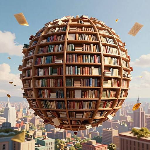 CGI image of a giant wooden book sphere floating above a cityscape, with books falling from it, bright blue sky.