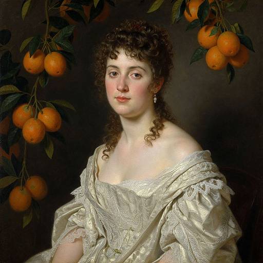 18th-century portrait of a pale-skinned, curly-haired woman in an off-the-shoulder, lace-trimmed cream dress, surrounded by