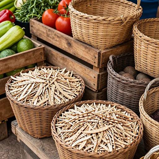 Photograph of woven baskets filled with straw, stacked on wooden crates, alongside fresh vegetables like tomatoes and cucumbers, creating a rustic market scene.
