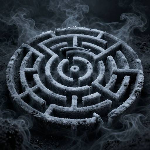 Photograph of a frosty, circular maze with smoke wisps around it, set against a dark, textured background, creating a mysterious, icy atmosphere