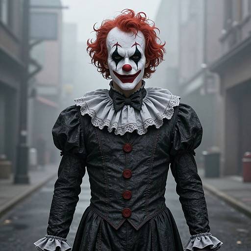 Photorealistic CGI of a creepy clown with white face paint, red hair, black dress, lace collar, and red buttons, standing in a fog